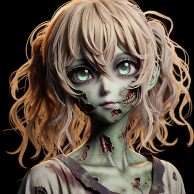 anime-style avatar of a female character who has turned into a zombie.