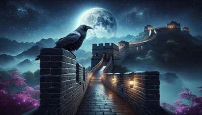 Widescreen wallpaper of the Great Wall of China at night, featuring a crow perched on the wall, with Unreal Engine type graphics and fantasy elements.