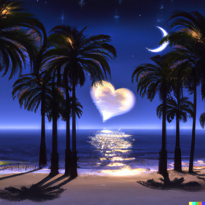 beach scene at night with palm trees and a heart shaped moon, digital art, natural lighting