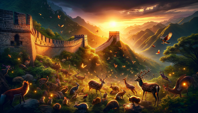 Wallpaper of the Great Wall of China, featuring diverse wildlife and enhanced with beautiful lighting.