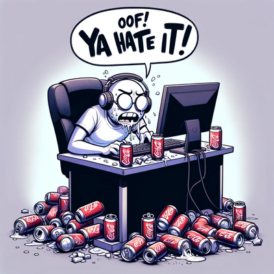 A person at a computer surrounded by empty soda cans, with a speech bubble saying "Oof! Ya hate it!" Cartoonish style, expressing frustration or dismay, capturing a humorous and relatable moment in a busy gaming environment., sticker