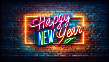 Wide wallpaper featuring the text "Happy New Year" in a neon sign on a brick wall. The neon signs are vibrant and eye-catching, contrasting beautifully against the rustic brick.