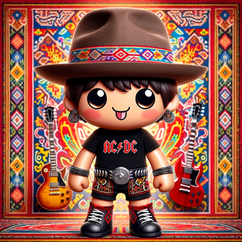 Kawaii-style cartoon avatar, dressed in AC/DC rock and roll attire with a Peruvian hat