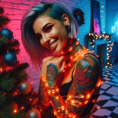 tattoed female smiling wrapped around with garland in cyberpunk neon cozy room near Christmas tree