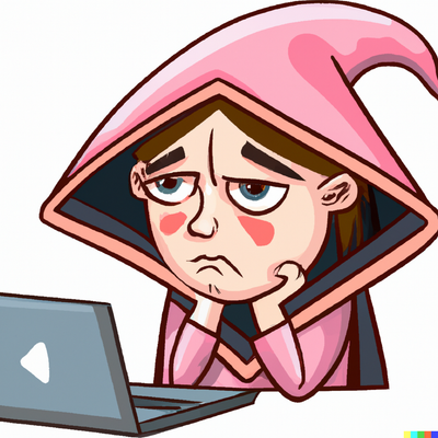 Sad Female Wizard in pink using the laptop , white background, digital art mascot