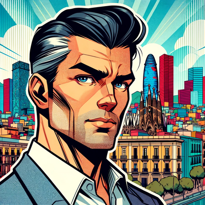Avatar in a comic-style illustration with a backdrop inspired by Barcelona.
