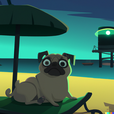 Pug chilling in a beach, FNAF, horror, digital art
