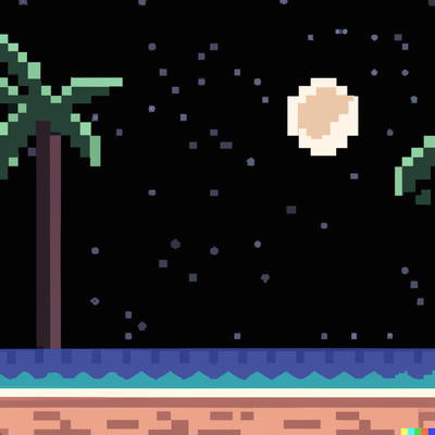 night beach scene with palm trees, crystal clear water, and a bright moon, pixel art