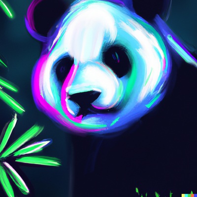 neon lit panda, burred background, tropical setting, digital art