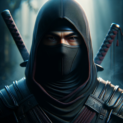 A ninja avatar designed in a digital art style. The ninja is dressed in a sleek, black outfit with subtle dark blue accents.