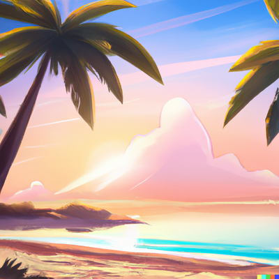 sunny beach scene with palm trees, crystal clear water, and a colorful sunset., digital art