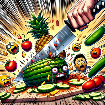 Chopping vegetables, including a pineapple, in an anime comic style, with fearful expressions.