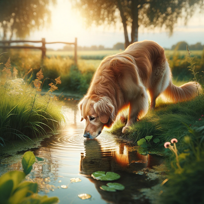 A dog drinking water in a serene natural setting.