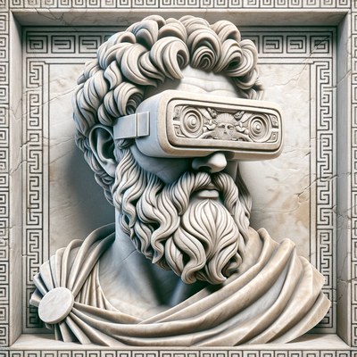 Greek philosopher statue, influenced by Roman art style, and wearing a VR headset made of stone.