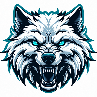 A striking mascot logo with a fierce Arctic Wolfpack, showcasing their snarling expressions and piercing teal eyes against a pristine white backdrop.