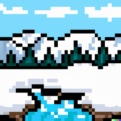 snowy mountain landscape with a river, pixel art