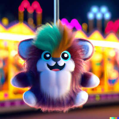 Cute furry Hanging Stuffed animal prize, Cally3D, blurred amusement park background, bioluminescence, digital art