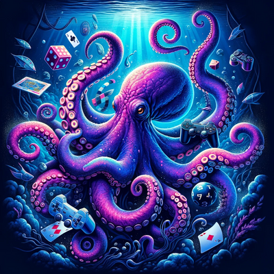A digital art avatar of an octopus deep in the sea gaming. The octopus is vibrant, with shades of purple and blue.