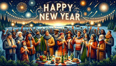 Landscape wallpaper depicting a joyful gathering of diverse friends and family celebrating the New Year.