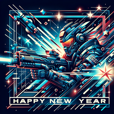 'Happy New Year' wishes, themed after the open-source game Warzone 2100.