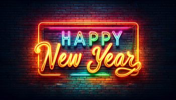 Wide wallpaper featuring the text "Happy New Year" in a neon sign on a brick wall. The neon signs are vibrant and eye-catching, contrasting beautifully against the rustic brick.