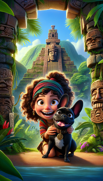 Disney Pixar-style image in vertical portrait mode, designed to resemble a movie poster. They feature a curly-haired girl with a ponytail and headscarf, alongside her black French Bulldog, set in an Aztec jungle theme.
