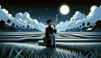 Student in traditional Islamic boarding school attire by the rice field at night. Wallpaper