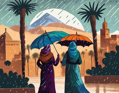  two Moroccan women holding umbrellas during a rain storm - setting winter behind palm trees 