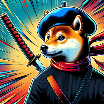 Shiba Inu dressed as a ninja, complete with a beret and black turtleneck, in an anime comic avatar style.
