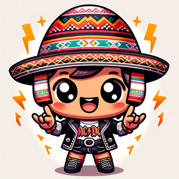 A Peruvian dressed in rock and roll AC DC with a Peruvian hat in kawaii mode cartoon
