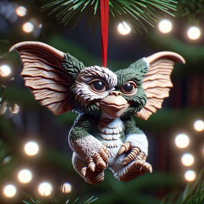 A 3D digital art Christmas ornament designed in the style of a Gremlin.