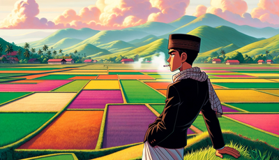 Student in traditional Islamic boarding school attire by the rice field in a Pixar Disney style.