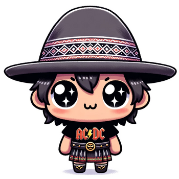 Kawaii-style cartoon avatar of a Peruvian person dressed in AC/DC inspired rock and roll attire.