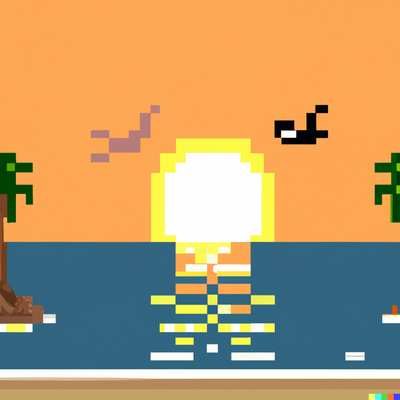 sunny beach scene with palm trees, crystal clear water, and a sunrise with birds, pixel art