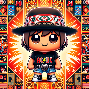 Kawaii-style cartoon avatar, featuring a Peruvian person in AC/DC rock and roll attire, complete with a Peruvian hat.