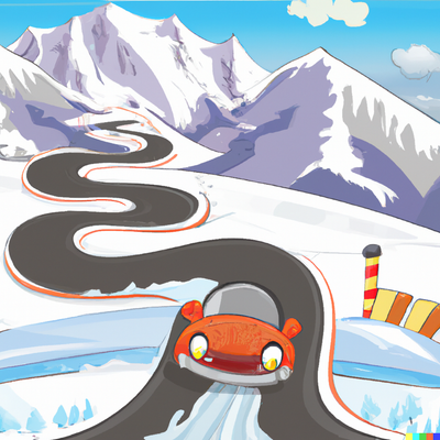car driving down a fun windy road with a snowy mountain landscape, cartoon