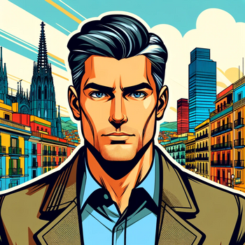 Avatar in a comic-style illustration with a backdrop inspired by Barcelona.