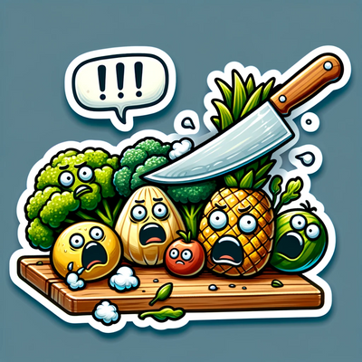 Digital sticker featuring the fruits and broccoli with a speech bubble "!!!".