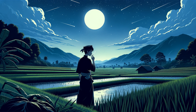 Student in traditional Islamic boarding school attire by the rice field at night. Wallpaper