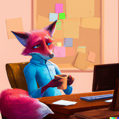 Pink and blue fox uploading files on the computer with a morning coffee, digital art