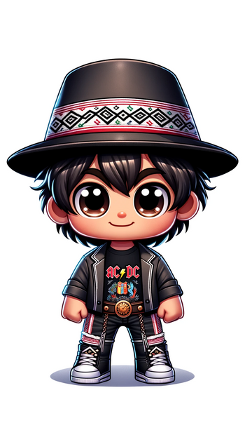 Kawaii-style cartoon avatar, featuring a Peruvian person in AC/DC inspired rock and roll attire with a Peruvian hat.