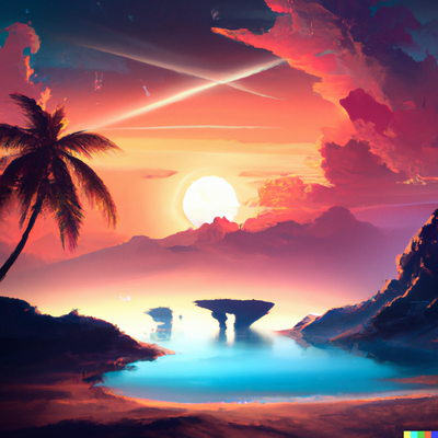 sunny beach scene with palm trees, crystal clear water, and a colorful sunset, intergalactic landscapes, digital art