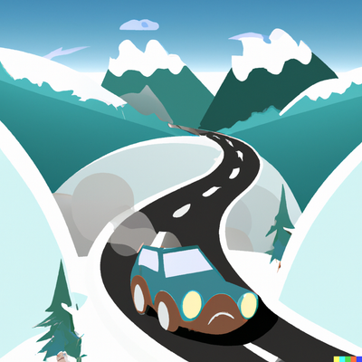 car driving down a fun windy road with a snowy mountain landscape, cartoon