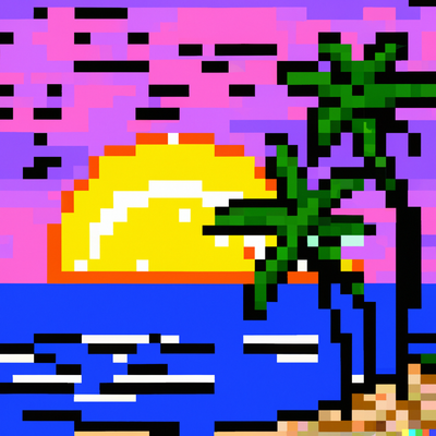sunny beach scene with palm trees, crystal clear water, and a colorful sunset, pixel art