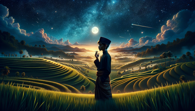 Pixar Disney An Islamic boarding school student wearing black clothes, sarong, wearing a black cap, while smoking on the edge of a rice field. Majestic Wallpaper