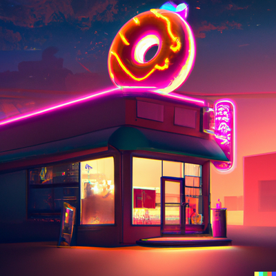 Popular Diner shaped like a donut, donut cafe, night scene, bioluminescence, no reflection, digital art