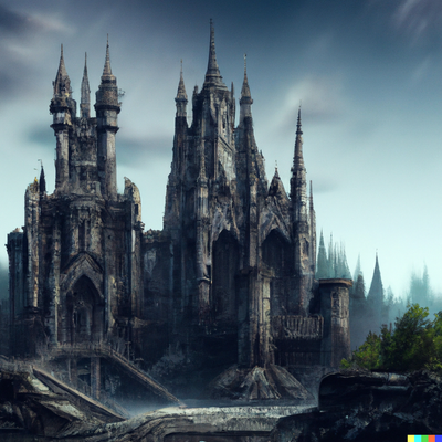 Massive castle, Gothic architecture, tropical, digital art, realistic, dramatic-lighting