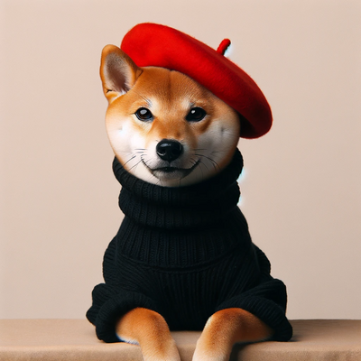 Shiba Inu dressed in a beret and black turtleneck, capturing a creative and sophisticated essence.