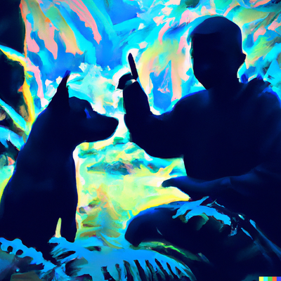 silhouette of a dog and person playfully engaging in communication, Amazon rainforest, digital art 