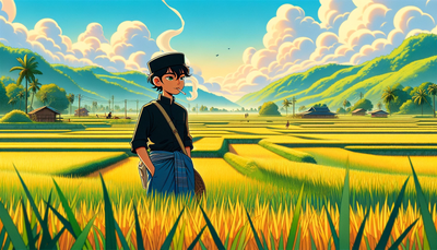 Student in traditional Islamic boarding school attire by the rice field in a Pixar Disney style.